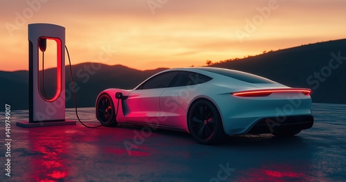 Modern Electric Car Charging at Sunset - EV Station, Sustainable Transport