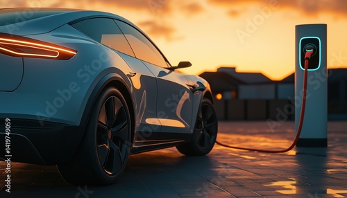 Modern Electric Car Charging Station at Sunset - Sustainable Mobility