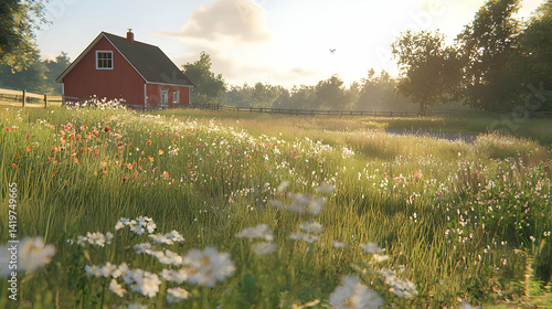 Red Farmhouse In A Field Of Flowers In Sunlight