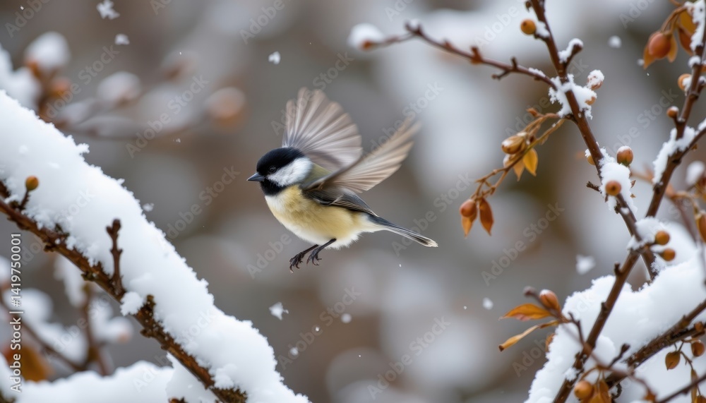 Obraz premium An energetic chickadee flitting between snow covered branches, its feathers fluffed up against the chill.