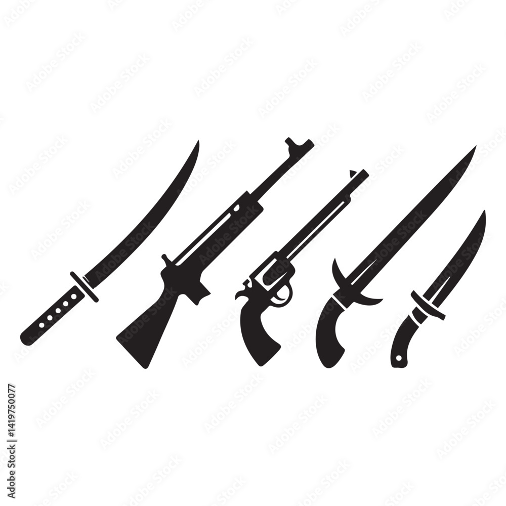 weapon Vector Black silhouettes side view set. with white background weapon Vector Black silhouettes side view set. with white background