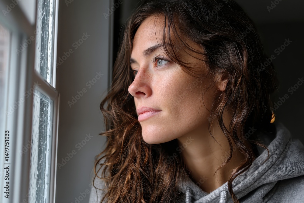 A pensive young woman looks out a rain-soaked window, deep in thought, reflecting on her emotions while the world outside blurs in the background. A serene moment captured beautifully. A pensive young woman looks out a rain-soaked window, deep in thought, reflecting on her emotions while the world outside blurs in the background. A serene moment captured beautifully.