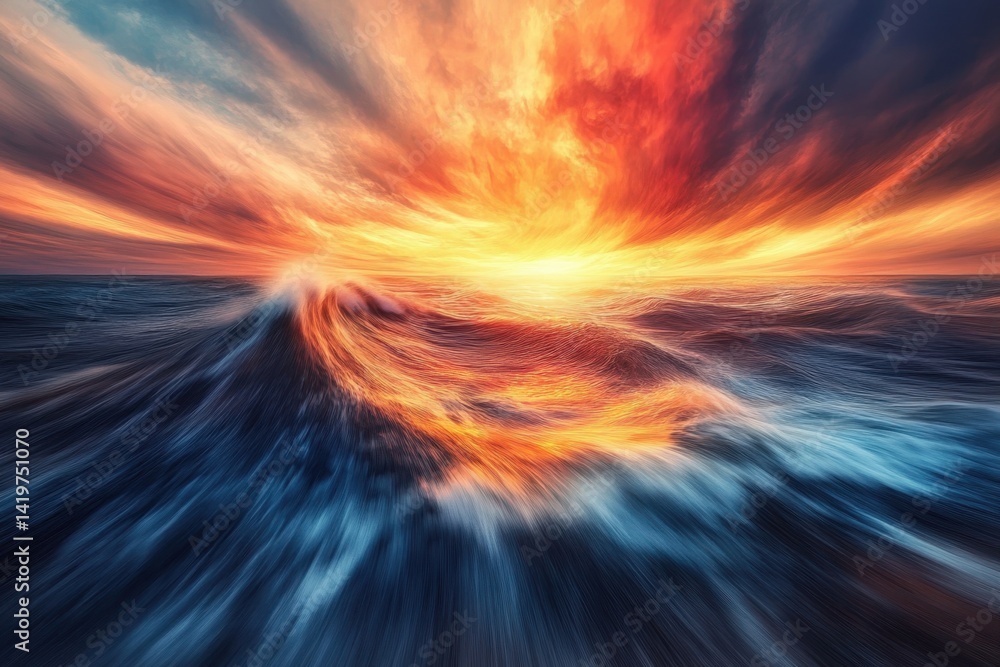 Obraz premium Sunset over ocean waves creates a stunning display of colors and movement