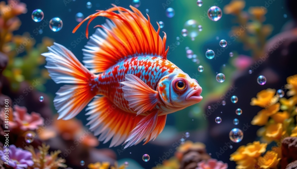 A whimsical scene of a fish with elaborate, colorful fins interacting with tiny floating bubbles in a vibrant aquarium. A whimsical scene of a fish with elaborate, colorful fins interacting with tiny floating bubbles in a vibrant aquarium.