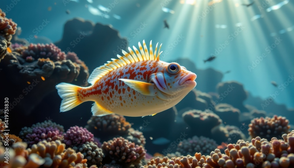 A graceful pufferfish gliding through a coral garden, with its spines illuminated by shafts of light penetrating the water. A graceful pufferfish gliding through a coral garden, with its spines illuminated by shafts of light penetrating the water.