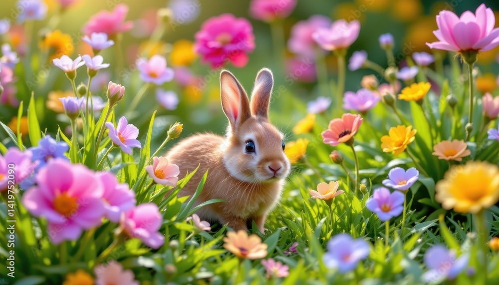A serene scene of a young rabbit playing hide and seek among colorful blossoms and tall grass in a vibrant garden. A serene scene of a young rabbit playing hide and seek among colorful blossoms and tall grass in a vibrant garden.