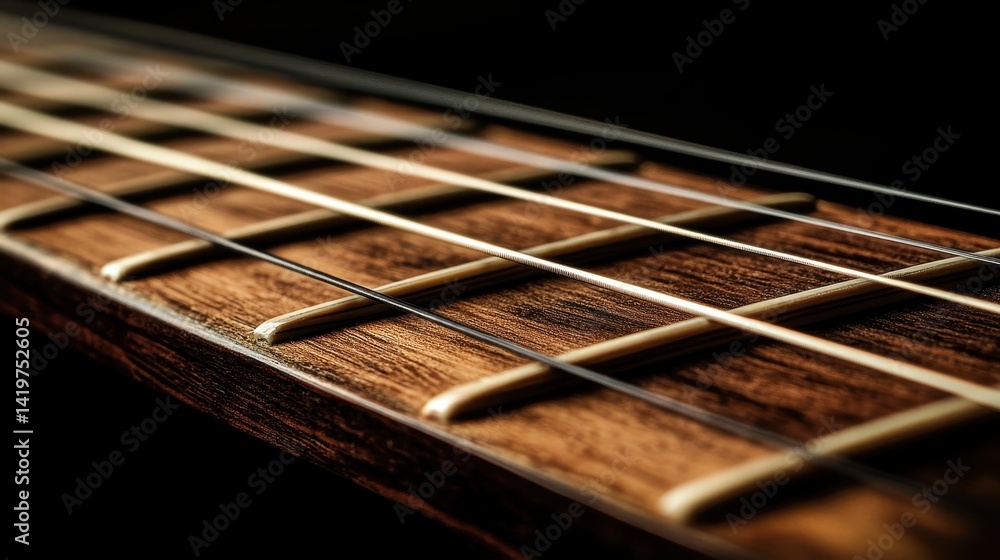 Close-Up View of Guitar Strings on Wooden Fingerboard with Details