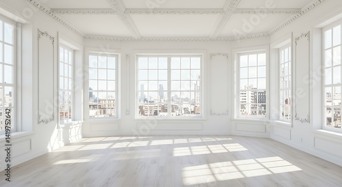 Wallpaper Mural Sunlit interior space with classic molding and expansive city views from windows Torontodigital.ca