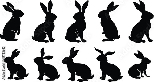 Black silhouettes, rabbit outlines, multiple bunnies, side view, repetitive pattern, Easter theme, rabbit poses, minimalist design, wildlife illustration, monochrome artwork, vector graphics, animal s