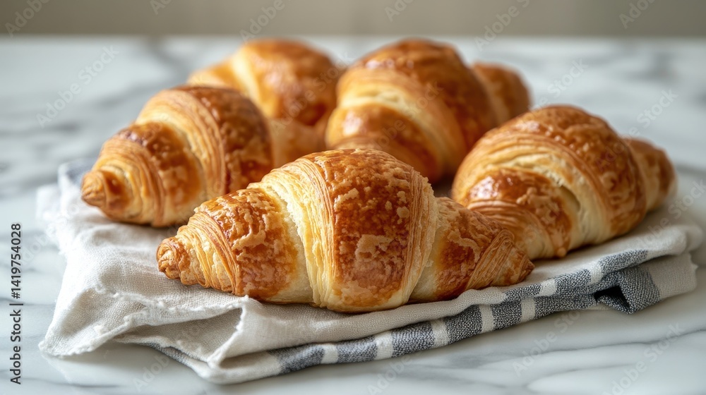 Freshly Baked Croissants on a Marble Surface with Napkin Freshly Baked Croissants on a Marble Surface with Napkin