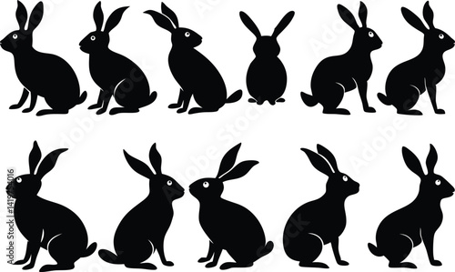 Black silhouettes, rabbit outlines, multiple bunnies, side view, repetitive pattern, Easter theme, rabbit poses, minimalist design, wildlife illustration, monochrome artwork, vector graphics, animal s