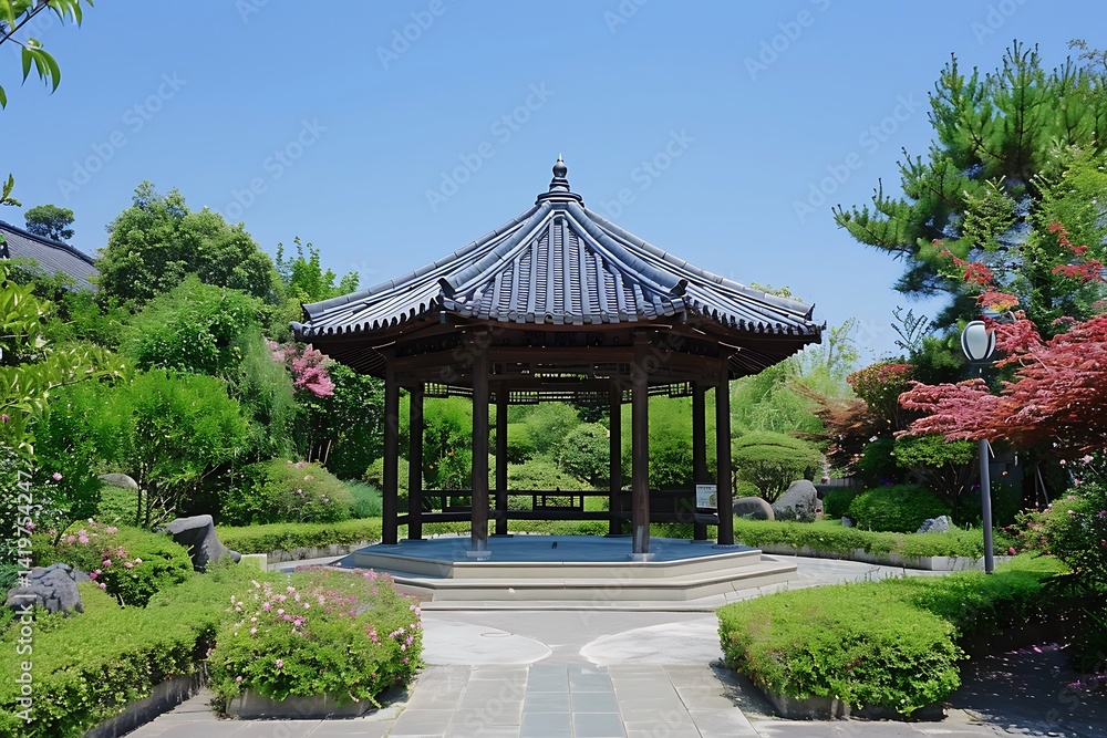 Traditional Wooden Pavilion Amidst Lush Green Garden Landscape Under Clear Blue Sky Traditional Wooden Pavilion Amidst Lush Green Garden Landscape Under Clear Blue Sky