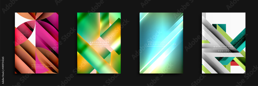 Abstract geometric backgrounds. Vibrant colors, dynamic shapes, modern design elements. Smooth gradients, layered textures create visual interest.