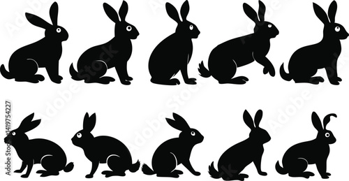 Black silhouettes, rabbit outlines, multiple bunnies, side view, repetitive pattern, Easter theme, rabbit poses, minimalist design, wildlife illustration, monochrome artwork, vector graphics, animal s