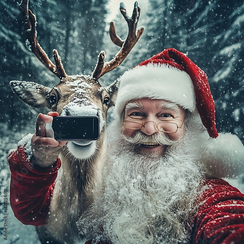 Santa Claus Taking Selfie with Reindeer in Snowy Forest