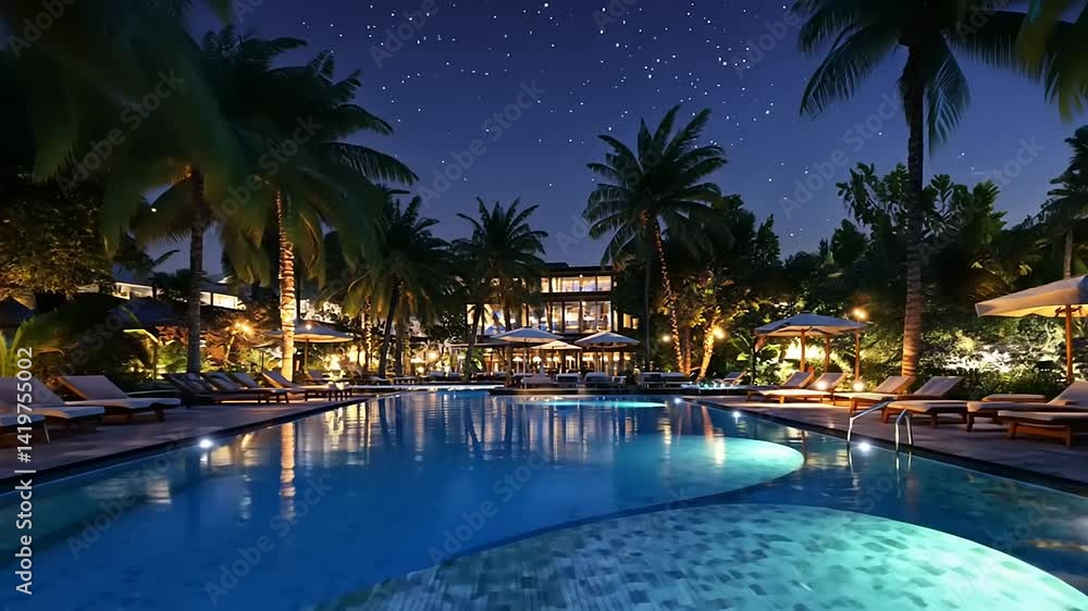 Tranquil nighttime pool scene at a luxury resort surrounded by palm trees and twinkling stars Tranquil nighttime pool scene at a luxury resort surrounded by palm trees and twinkling stars