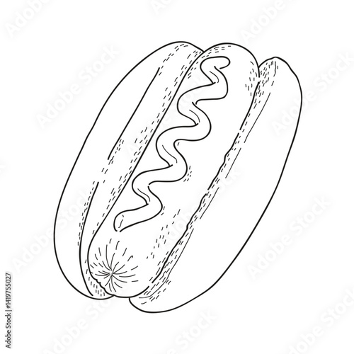 Detailed black and white line art of a classic hot dog with sausage and wavy condiment topping, placed in a soft bun. Ideal for food packaging, fast food branding, coloring books, retro diner artwork