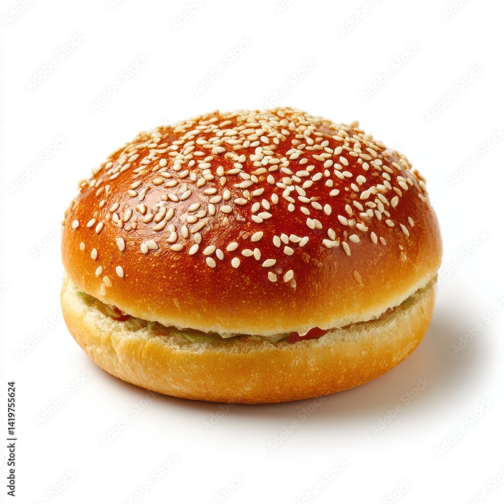 Sesame burger bun close up shot on white background Sesame burger bun close up shot on white background