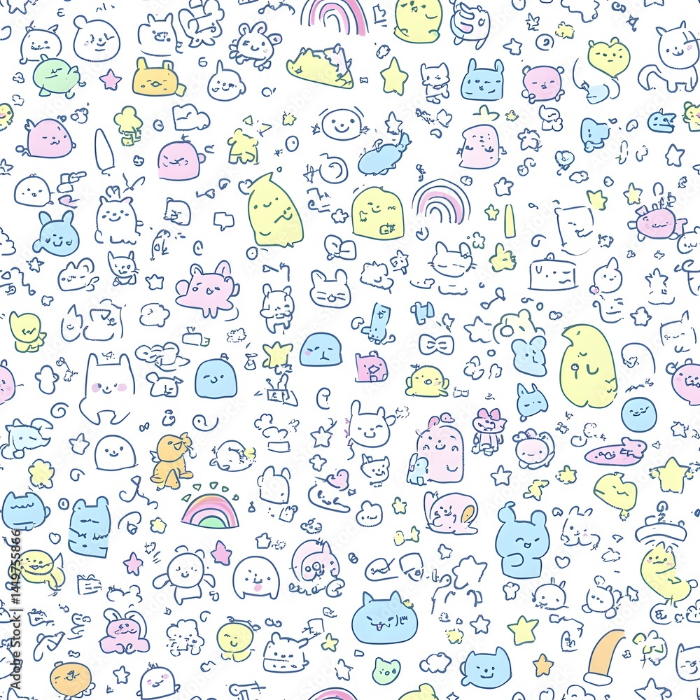 Whimsical, pastel-colored animal doodle pattern. Whimsical, pastel-colored animal doodle pattern.