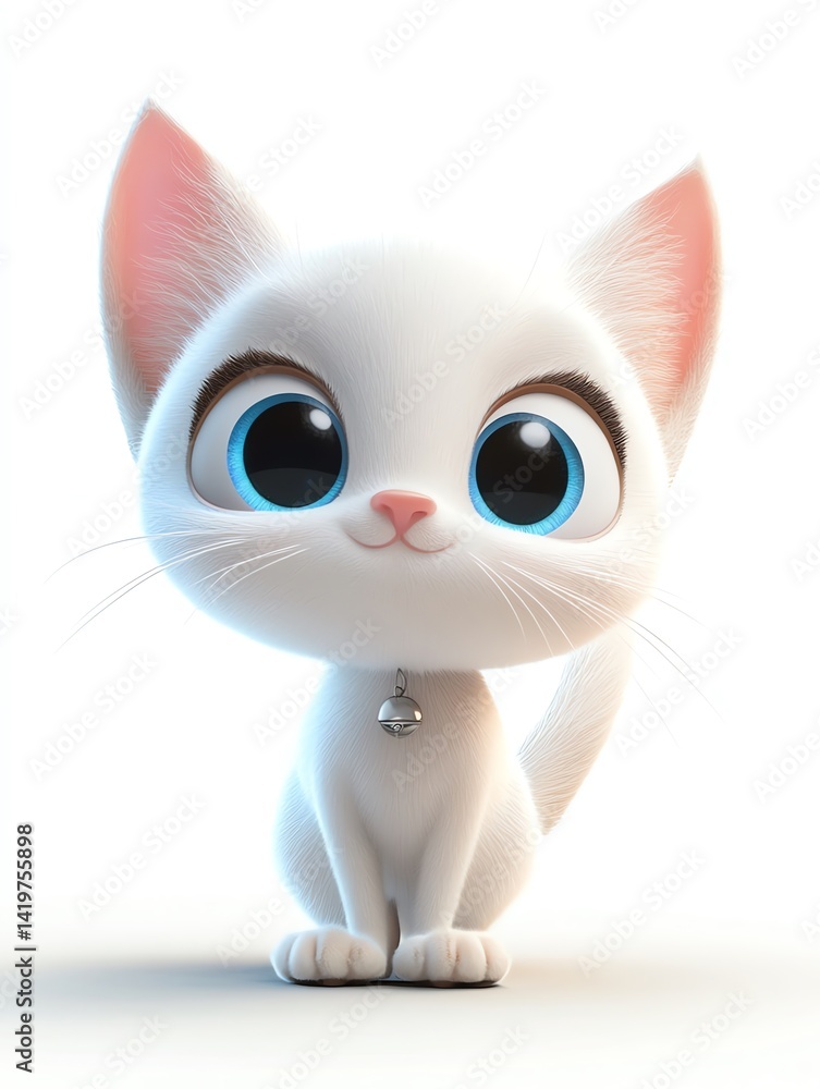 Adorable Cartoon Kitten with Big Blue Eyes, Sitting Calmly and Wearing a Tiny Bell Adorable Cartoon Kitten with Big Blue Eyes, Sitting Calmly and Wearing a Tiny Bell
