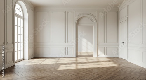 Sunlit Parisian apartment interior with parquet flooring and detailed wall paneling