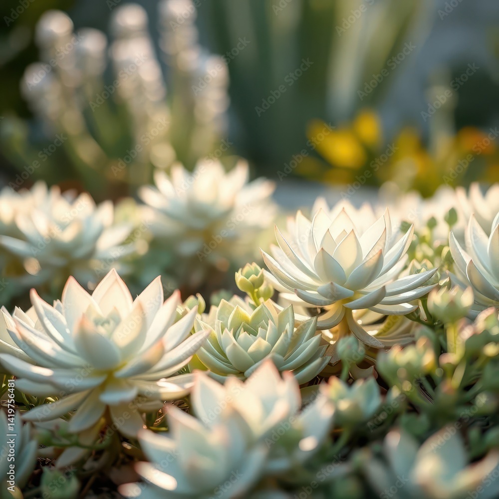 Fototapeta premium Soft-focus image of a serene white succulent garden bathed in gentle, diffused light, organic, wellness, subtle