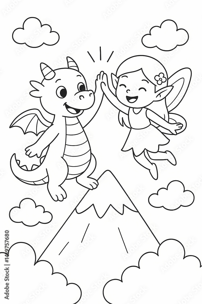 Joyful Dragon and Fairy High-Fiving in a Fantasy Landscape Joyful Dragon and Fairy High-Fiving in a Fantasy Landscape