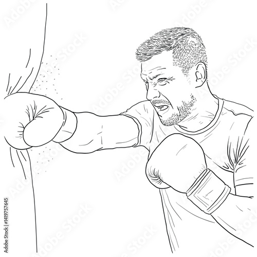 Black and white vector line art of a male boxer throwing a punch at a heavy bag. Features detailed muscles, boxing gloves, and expressive energy lines. Perfect for fitness posters, training