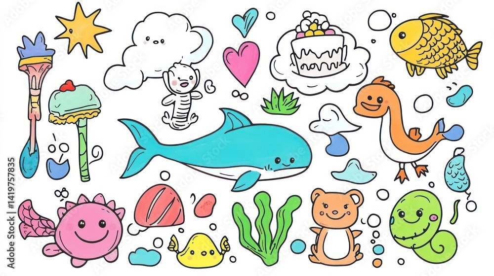 Cute cartoon animals and objects, whimsical, various, joyful, child-friendly illustration Cute cartoon animals and objects, whimsical, various, joyful, child-friendly illustration