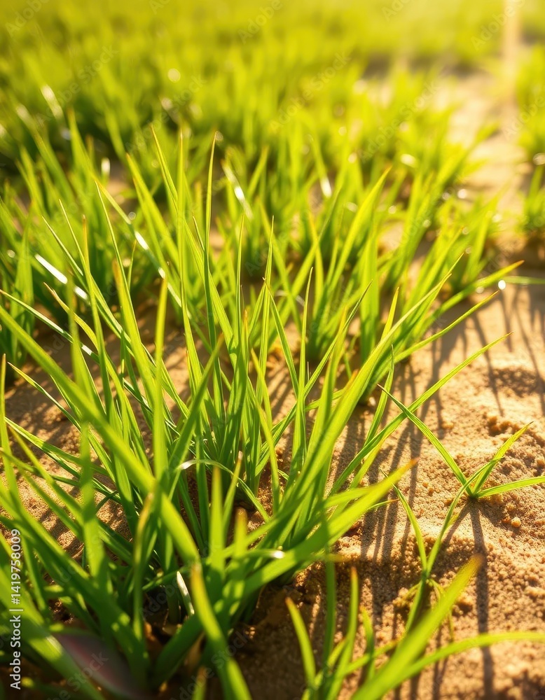 Obraz premium Vibrant green grass meets warm sandy ground under bright sunlight, pastoral, view, outdoor
