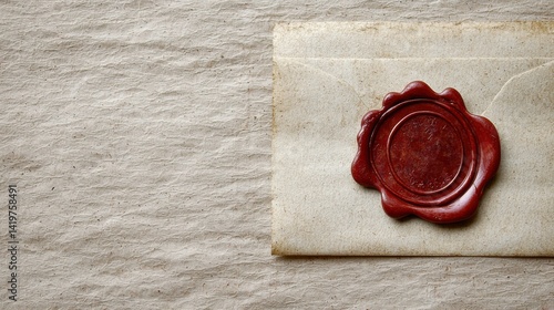 Close-up of sealed vintage letter with red wax seal on textured beige paper background for classic correspondence or antique document concept