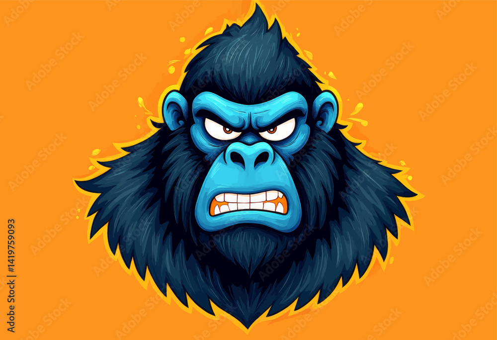 Naklejka premium Angry Blue Cartoon Gorilla on Orange Background