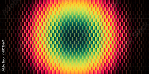 Circular gradient explosion of fractal glassy bricks in warm neon tropical colors. Dynamic illusion of color and symmetry with glowing rectangular tiles. Radiant gradient shine from the center. Vector