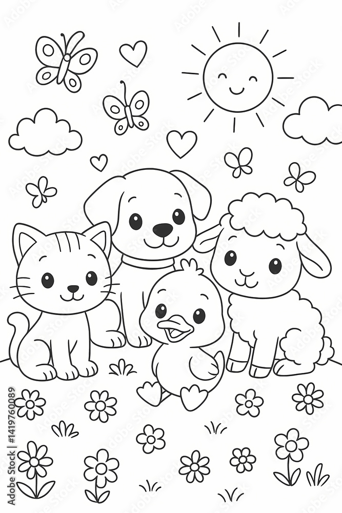 Fototapeta premium Cute Cartoon Animals in a Sunny Garden for Kids' Coloring Pages