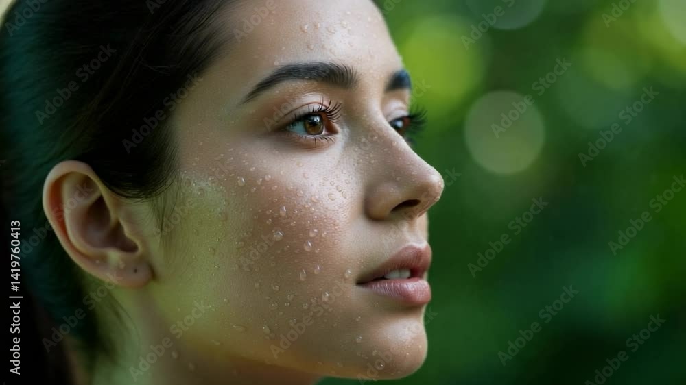 Young woman with droplets on her face gazing thoughtfully in a lush green outdoor setting - aquiline nose Young woman with droplets on her face gazing thoughtfully in a lush green outdoor setting - aquiline nose