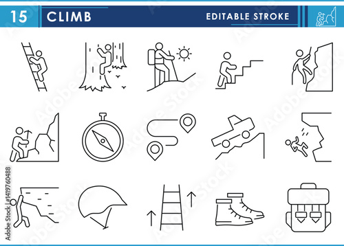A set of line icons related to Climb. Climbing, climber, cliff, tree, hiking, risky, drive, and so on. Vector editable stroke.