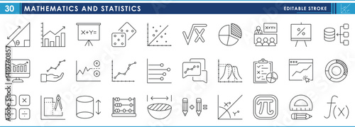 A set of line icons related to mathematics and statistics. Math, statistics, graph, calculate, curves, science, measurement, and so on. Vector editable stroke.