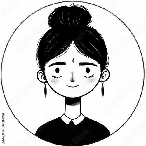 Black and white drawing of a woman with a bun and earrings