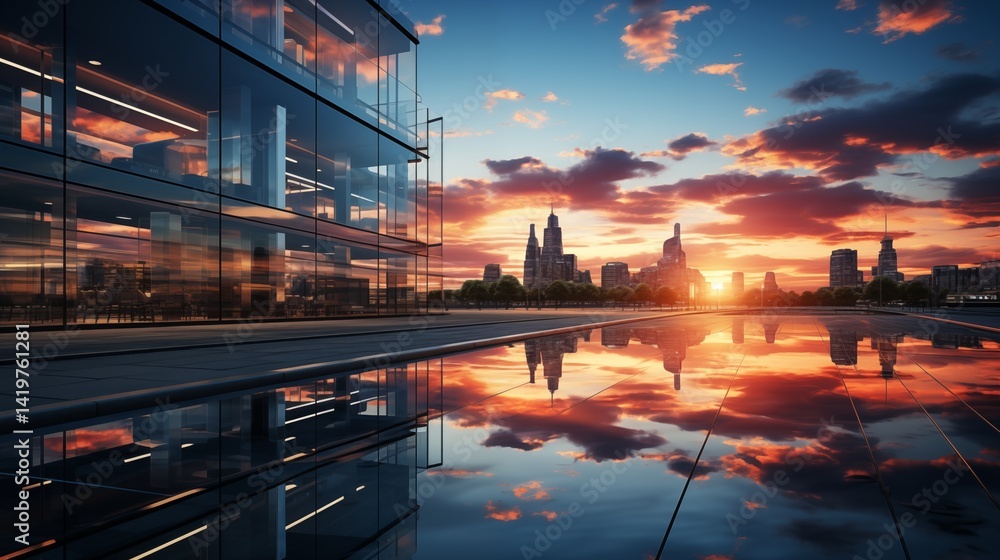 Sunset paints the city sky and river with golden light, a beautiful reflection before the urban night lights twinkle Sunset paints the city sky and river with golden light, a beautiful reflection before the urban night lights twinkle