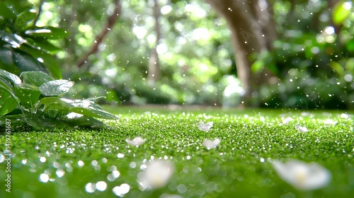 Fototapeta Naklejka Na Ścianę i Meble -  Tranquil rain kissed lawn with white flowers