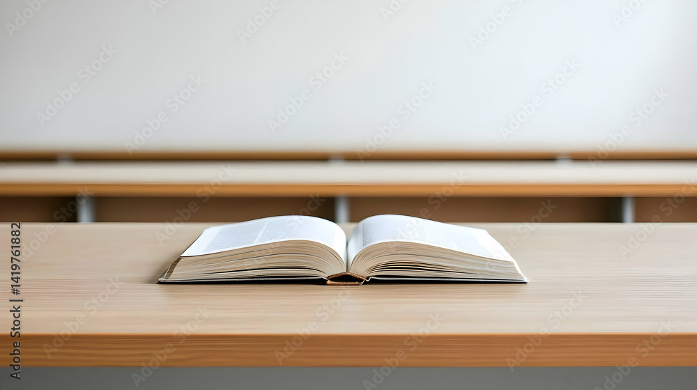 Naklejka premium Open Bible On Wooden Table In Empty Classroom
