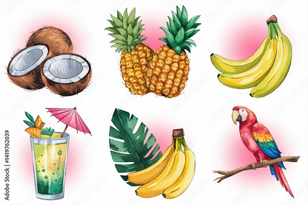 Tropical fruits and drinks, a colorful illustration.
