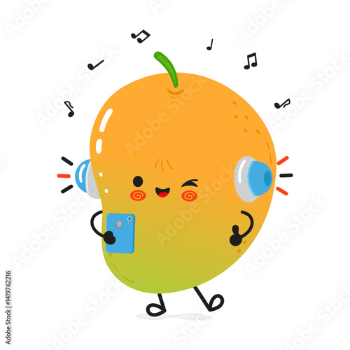 Animated Mango character enjoying music with headphones, smartphone, and musical notes in the air.