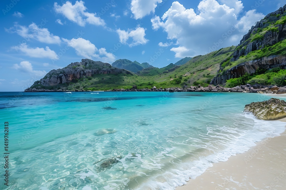 Fototapeta premium Turquoise Water Beach With Lush Green Hills And White Sand Under Blue Sky