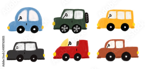 set collections of cute colorful pastel color cars crayon doodle watercolour illustration nursery kids child children hand drawn drawing vector pickup truck school bus black red blue racing