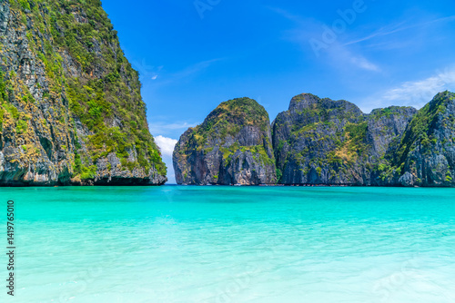 View of famous Maya Bay, Thailand. One of the most popular beach in the world. Beach without people.
