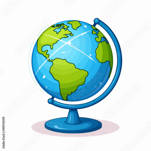 Cartoon globe with blue stand and green continents