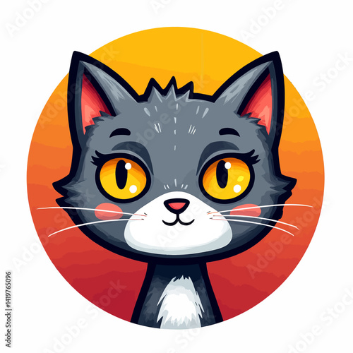 Cartoon gray cat with yellow eyes on orange background