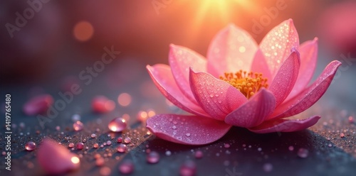 Lacelike petals, glistening beads, dawn's embrace , illuminated, light, fairylike