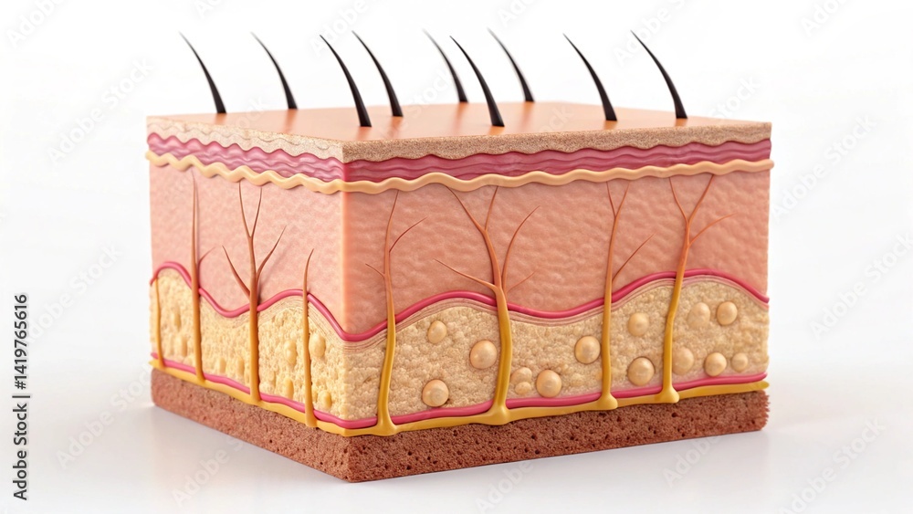 A detailed 3D anatomical illustration of a cross-section of human skin, showcasing the layers of epidermis, dermis, and subcutaneous tissue, along with hair follicles, blood vessels (red and blue), an